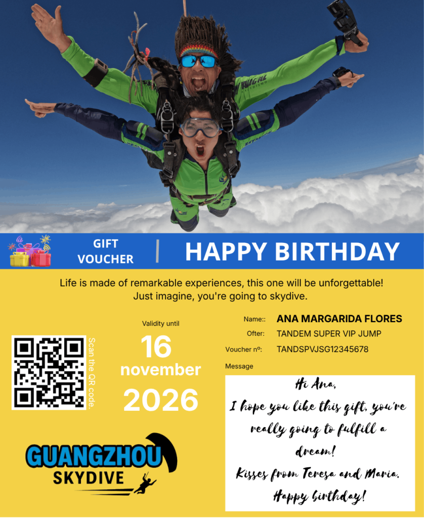 Gift voucher for a tandem skydive.
