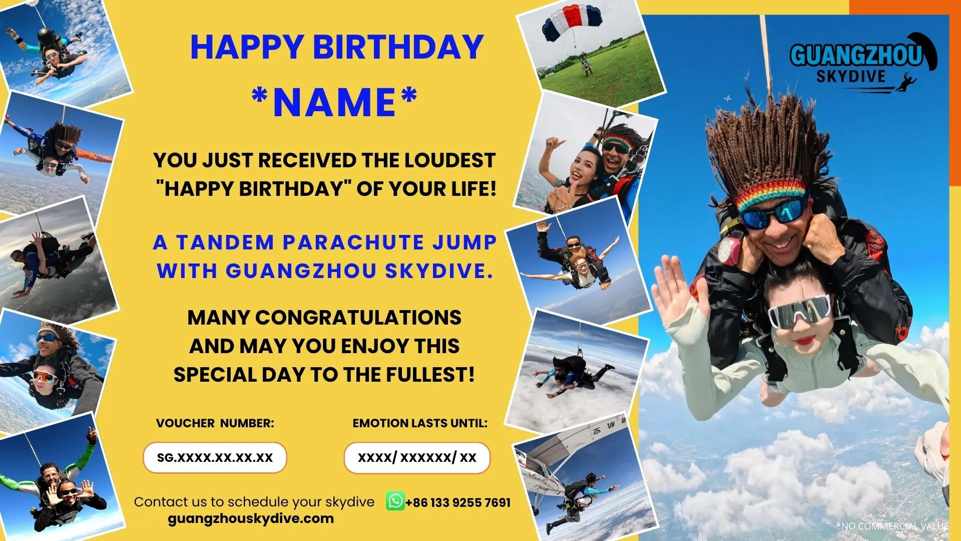 Gift voucher for a tandem skydive - Happy Birthday